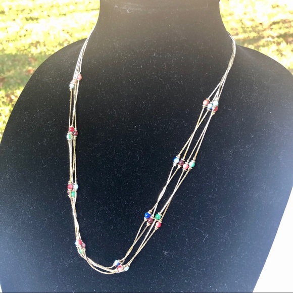 🌻 4 strand gold necklace with multicolor beads, marked - Picture 2 of 5